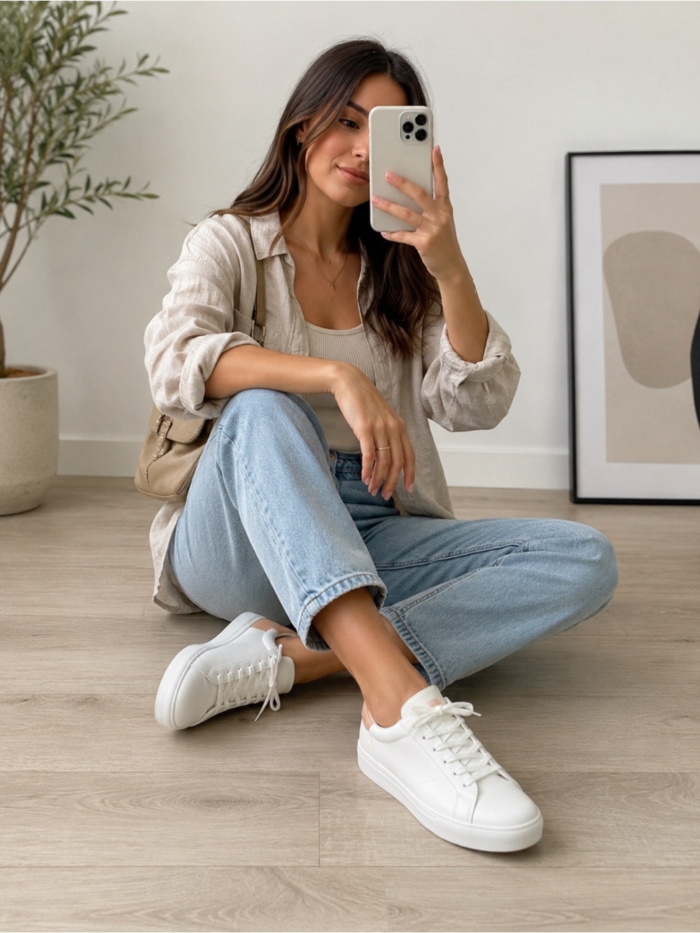 Women's White Lace-Up Sneakers with Blush Heel Accent